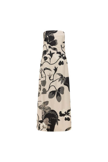 Modern Abstract Floral Strapless Maxi Dress – Monochrome Print In Ivory & Charcoal