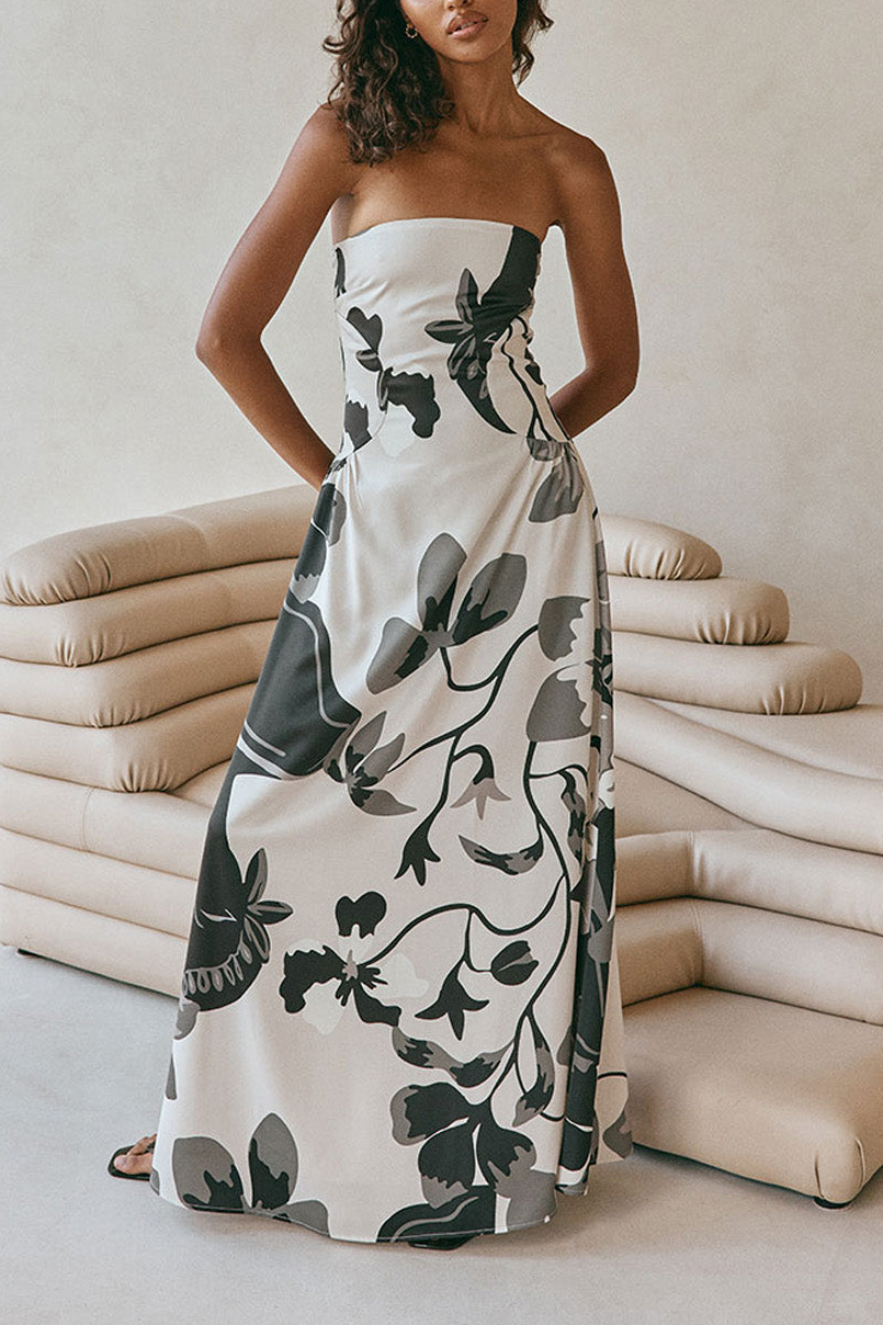 Modern Abstract Floral Strapless Maxi Dress – Monochrome Print In Ivory & Charcoal