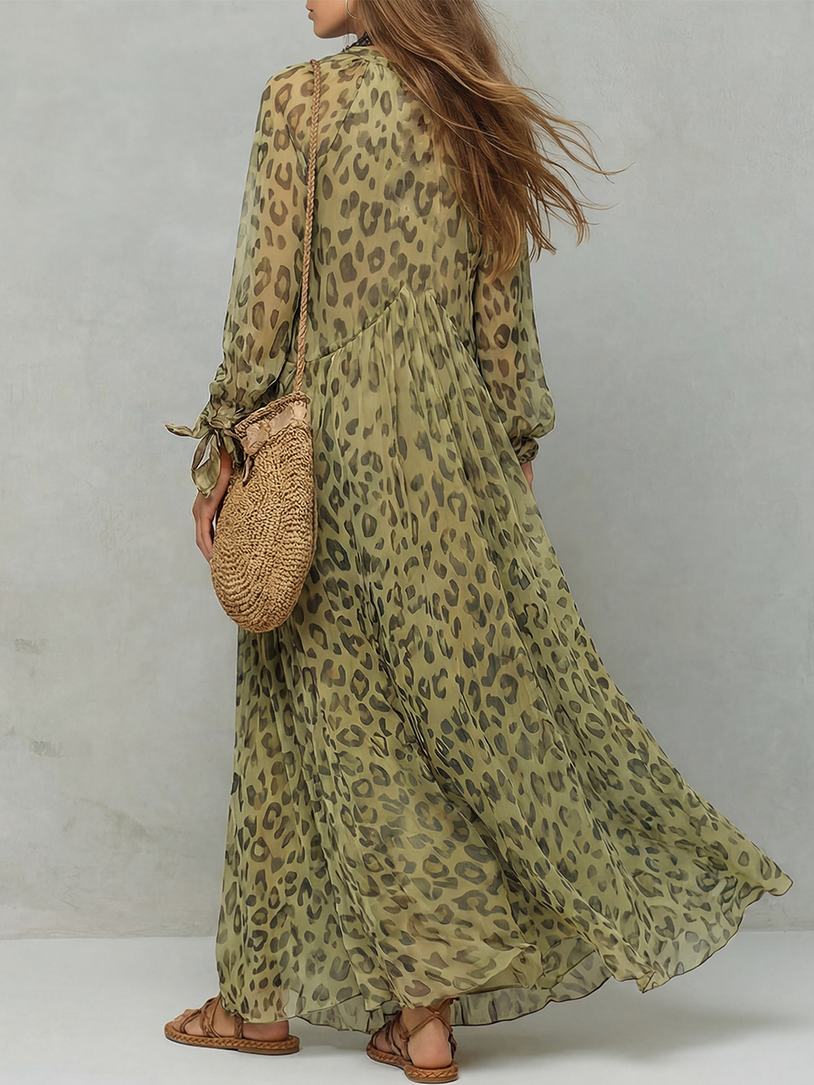 Olive Green Leopard Print Chiffon Long-sleeved Bohemian Dress