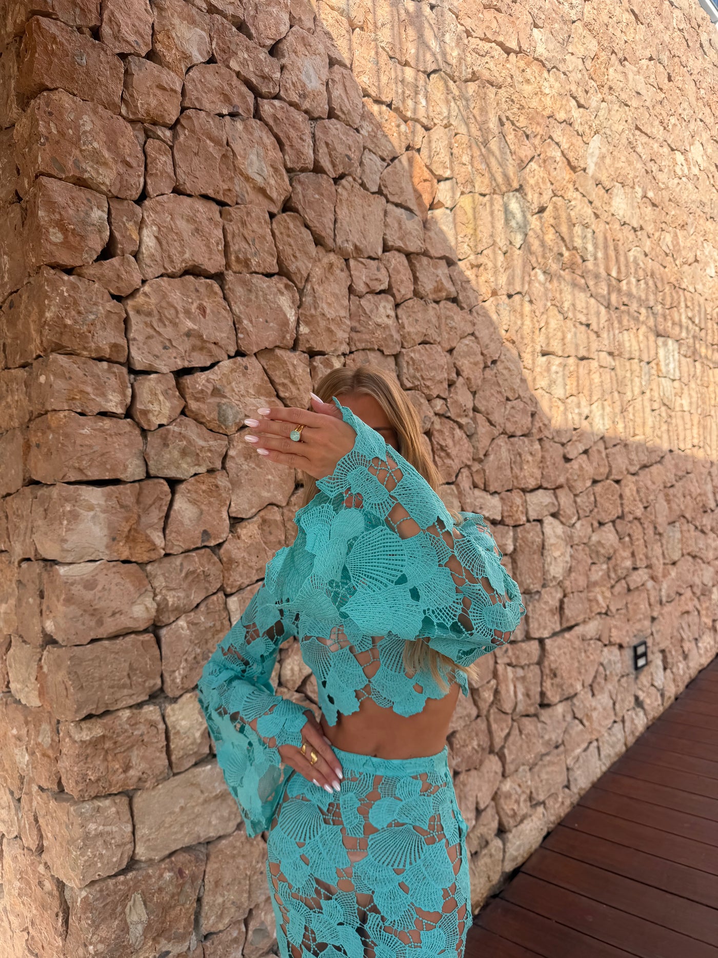 Sexy Turquoise Lace Cut-Out Two-Piece Maxi Set With Bell Sleeves