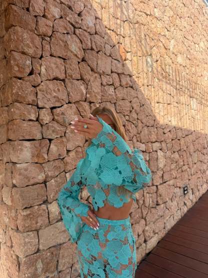 Sexy Turquoise Lace Cut-Out Two-Piece Maxi Set With Bell Sleeves