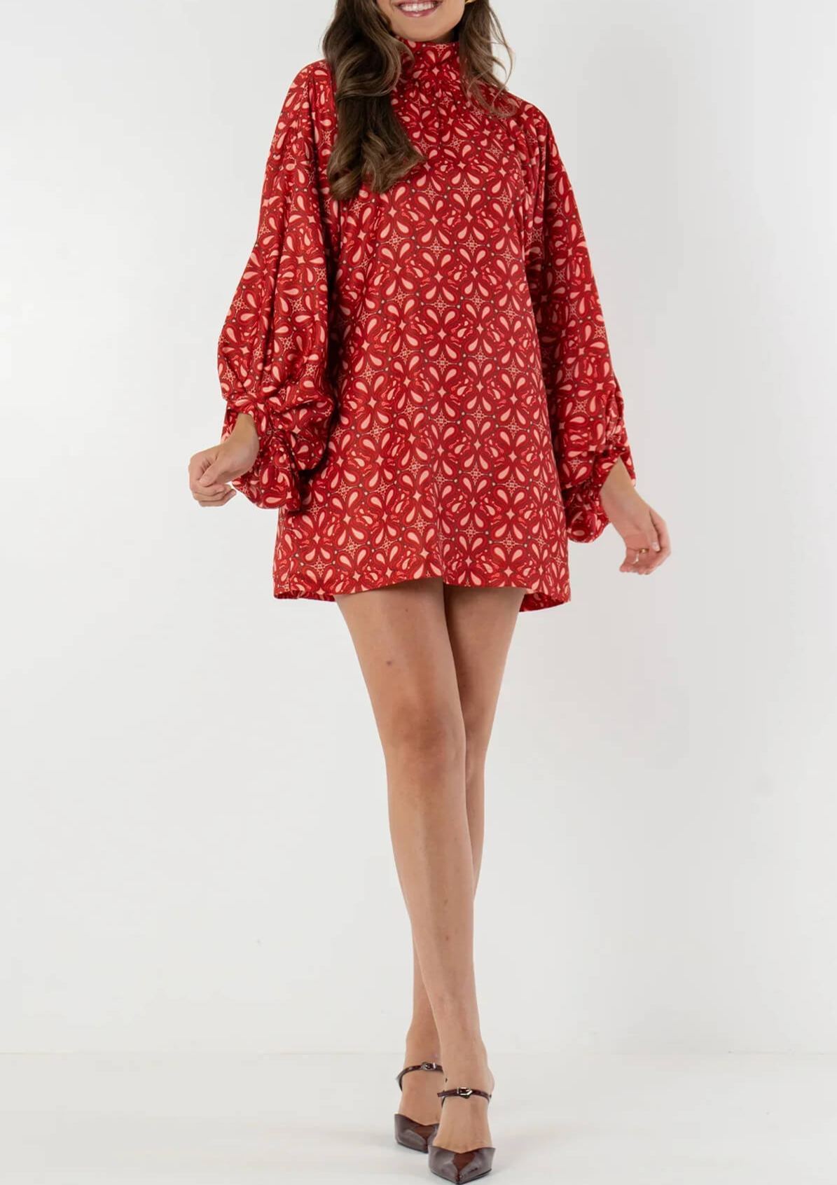 Retro Paisley Print High Neck Lantern Sleeve Draped Mini Dress
