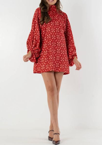 Retro Paisley Print High Neck Lantern Sleeve Draped Mini Dress