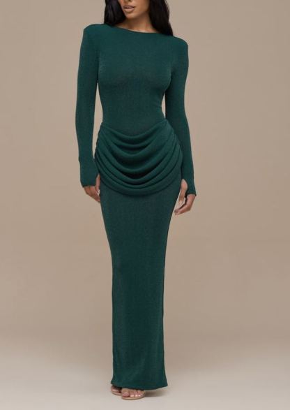 Elegant Pleated Long-sleeved Slim-fit Maxi Dress