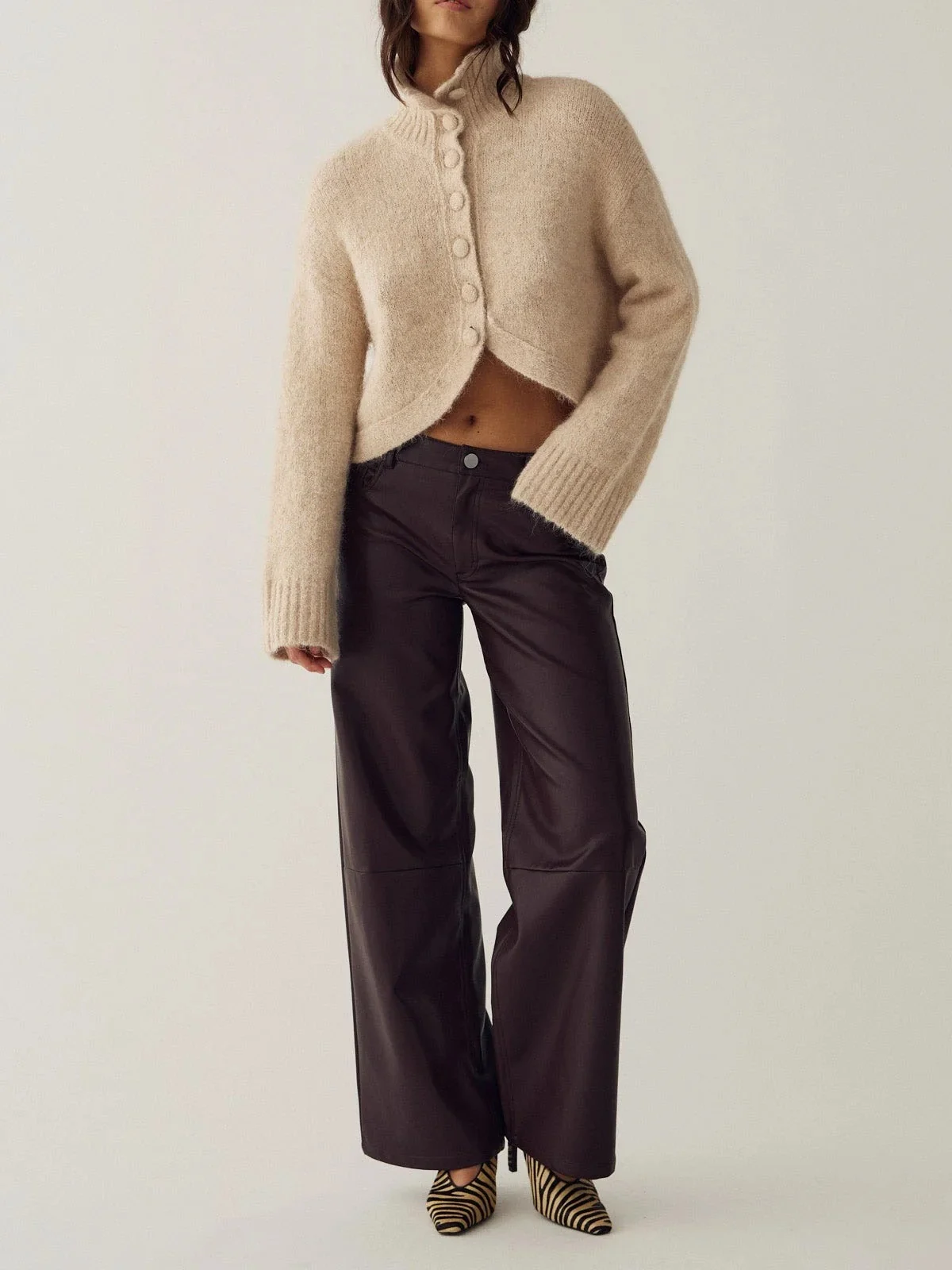 Women's High Neck Fuzzy Knit Cropped Cardigan Sweater with Covered Buttons