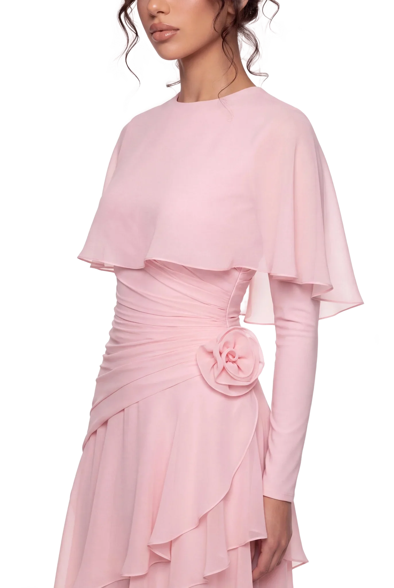 Pink Chiffon Cape Sleeve Tiered Ruffle Ruched Waist Maxi Evening Dress [erp-image:1e742e595c9321febbaa448b]