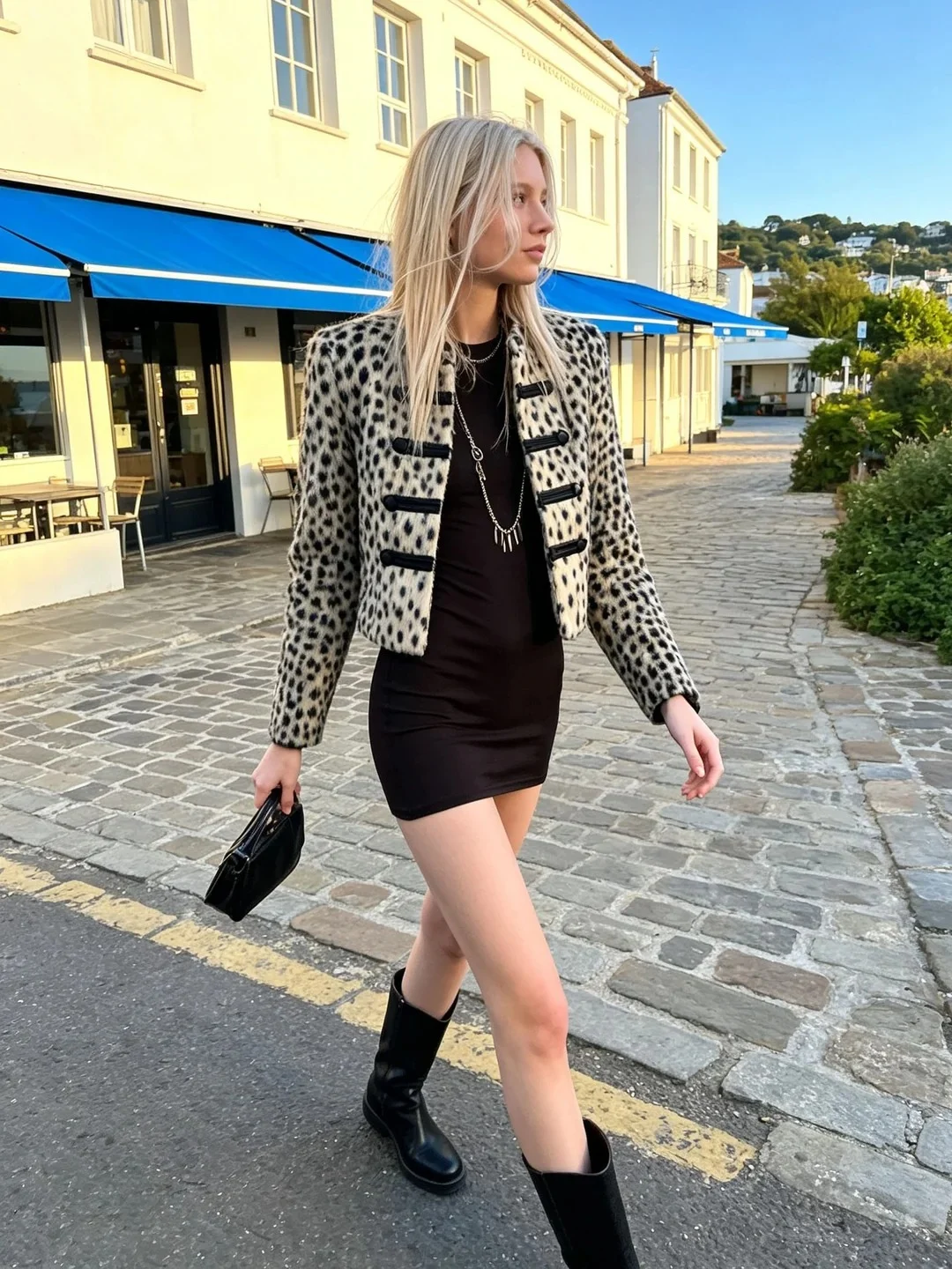 Leopard Print Cropped Jacket with Military Frog Fasteners and Long Sleeves