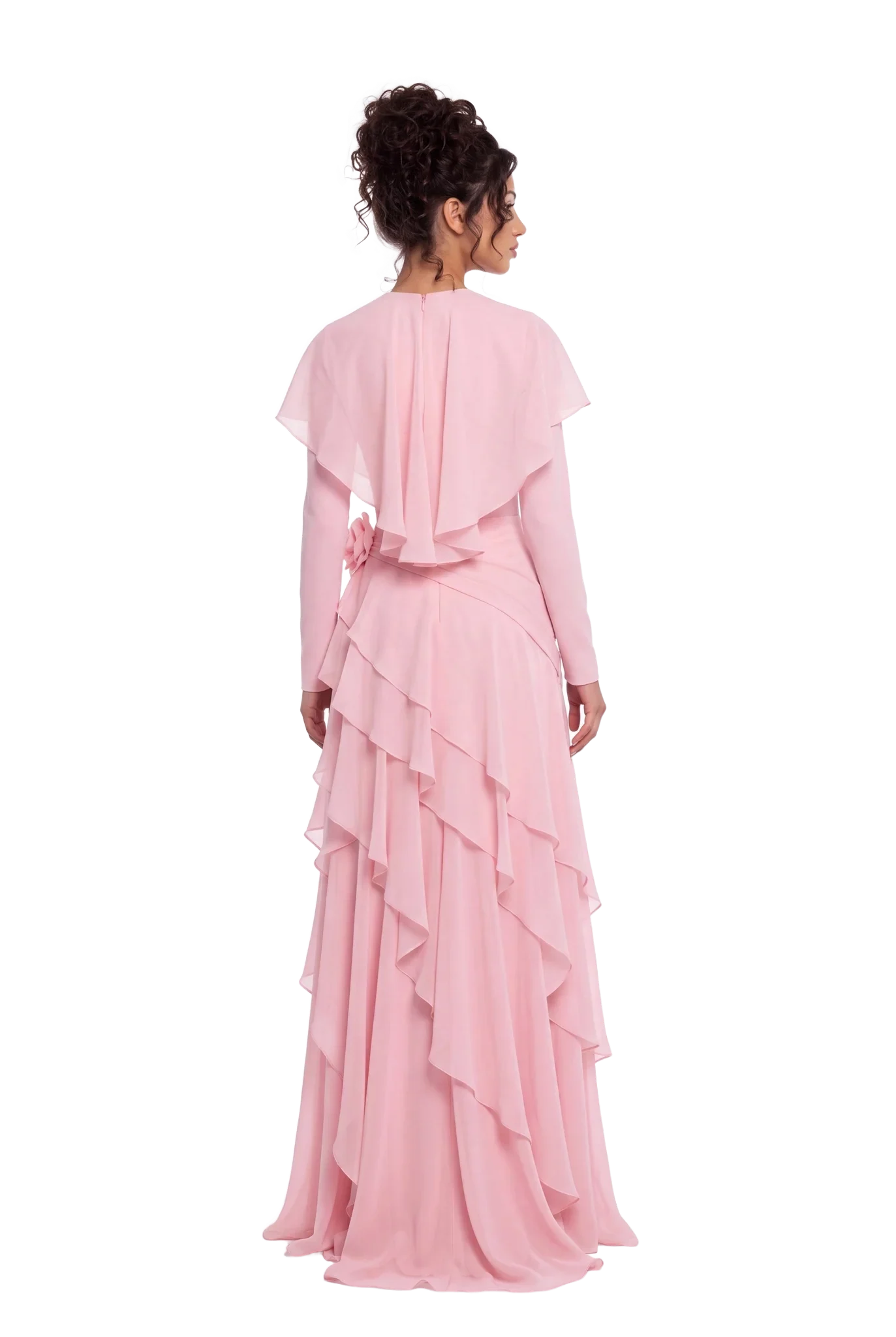 Pink Chiffon Cape Sleeve Tiered Ruffle Ruched Waist Maxi Evening Dress [erp-image:aa1b30d10e26feff244d2af0]