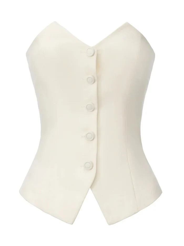 White Strapless Button Front Vest and Pleated Wide Leg Pants Two Piece Set [erp-image:ecbb52be17916e17ee2dac61]