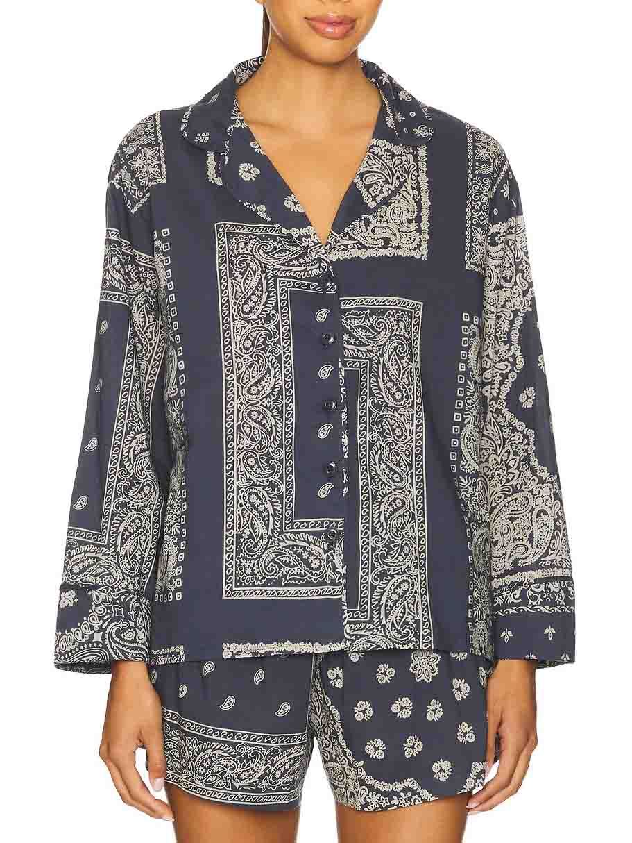 Retro Paisley Print Shorts And Long-Sleeved Shirt Two-Piece Set