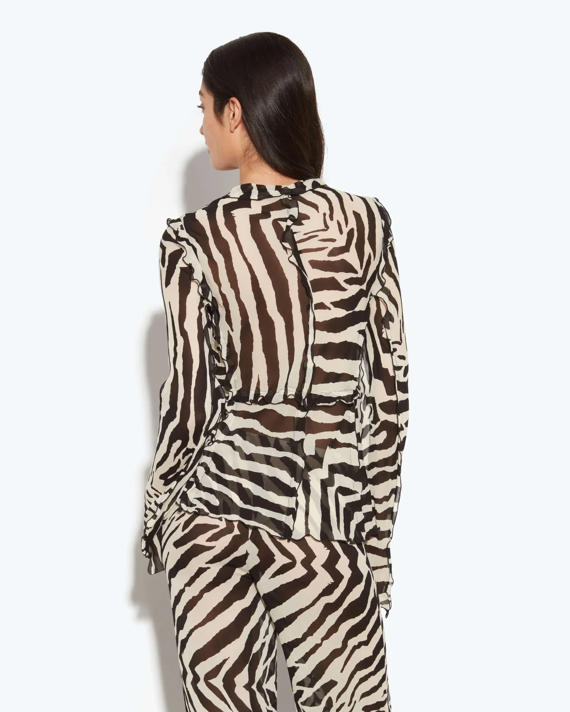 Zebra Print Tie Front Sheer Shirt and Wide Leg Pants Two Piece Set