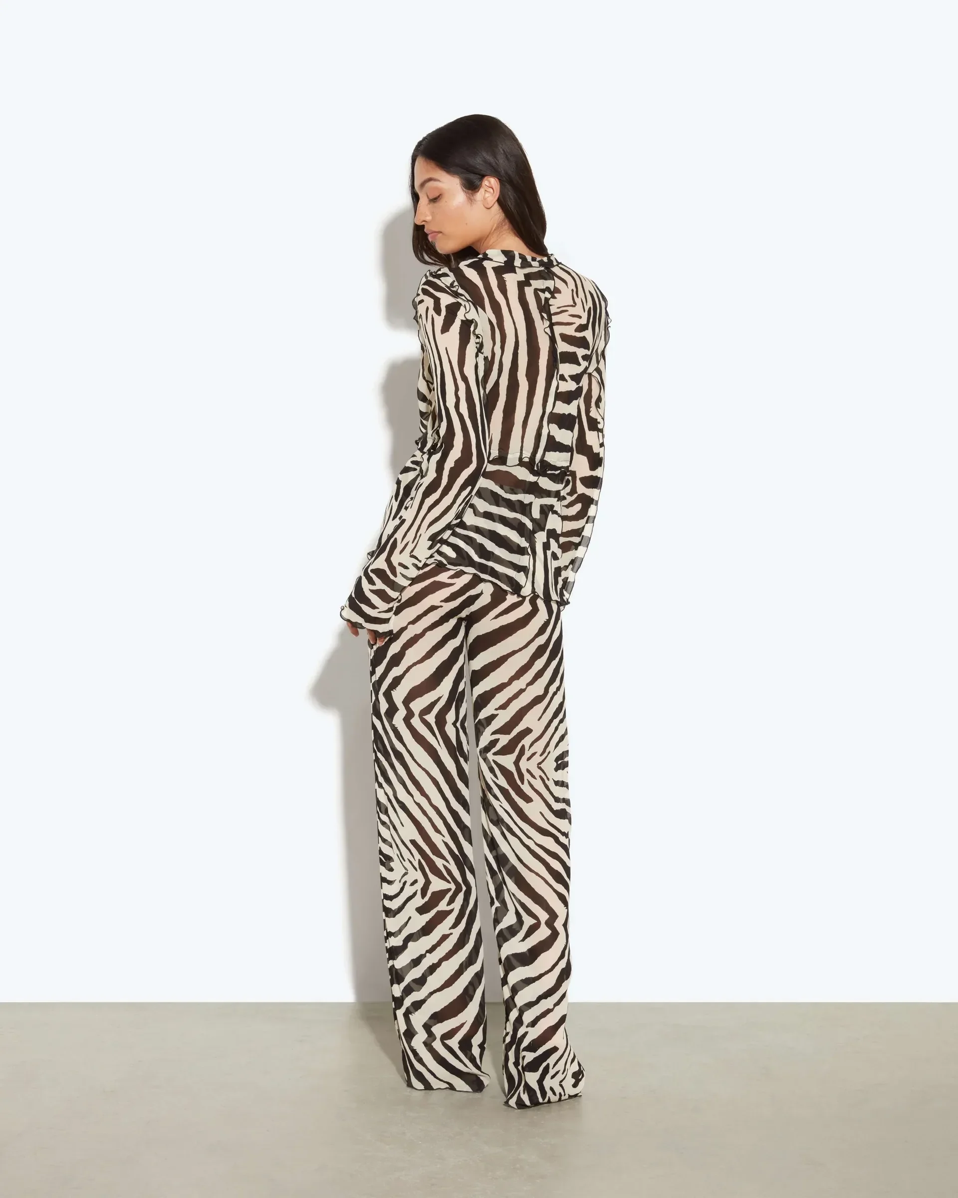 Zebra Print Tie Front Sheer Shirt and Wide Leg Pants Two Piece Set