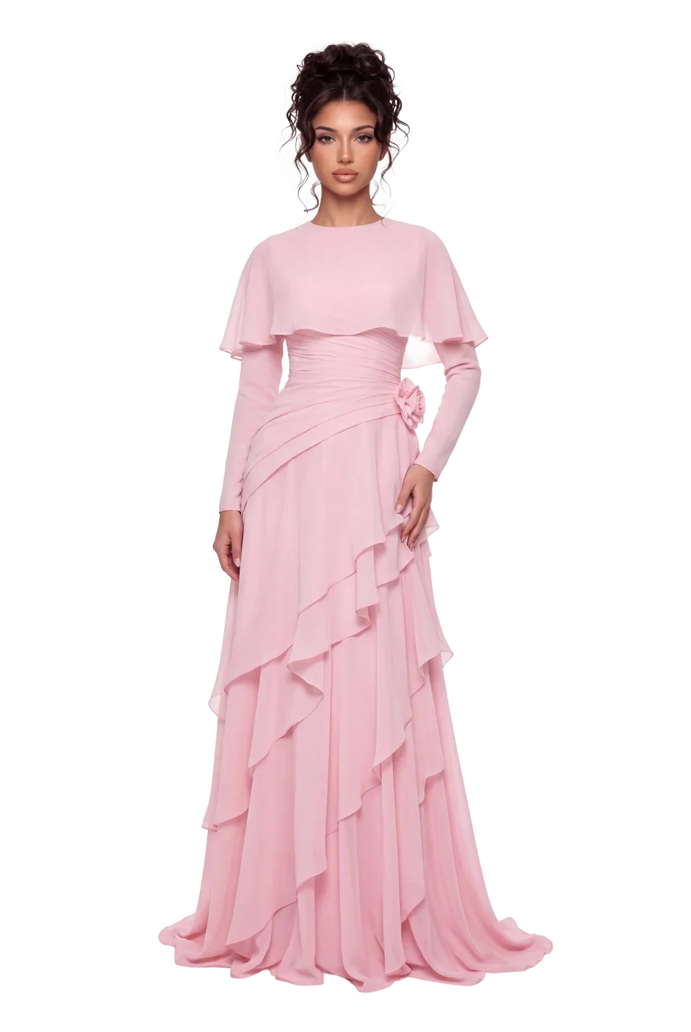 Pink Chiffon Cape Sleeve Tiered Ruffle Ruched Waist Maxi Evening Dress [erp-image:2b99d04c85b26637ebc6d662]