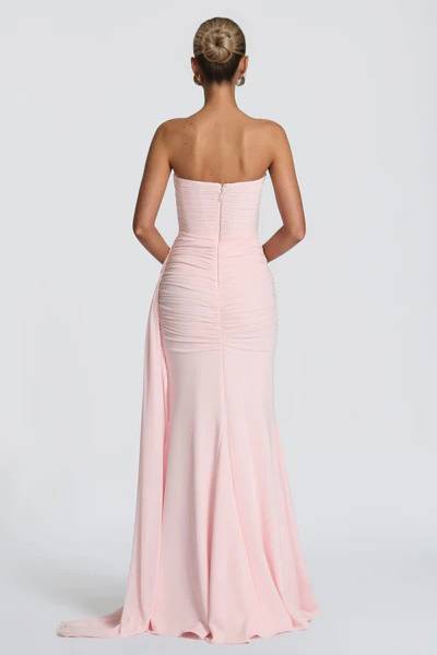 Strapless Pleated Ribbon Design Maxi Dress