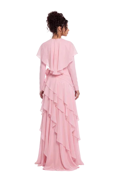 Pink Chiffon Cape Sleeve Tiered Ruffle Ruched Waist Maxi Evening Dress [erp-image:58b4ee46077b4f537cc0af2d]