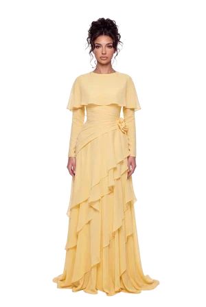 Pink Chiffon Cape Sleeve Tiered Ruffle Ruched Waist Maxi Evening Dress [erp-image:e79695d553ded8e0869e4321]