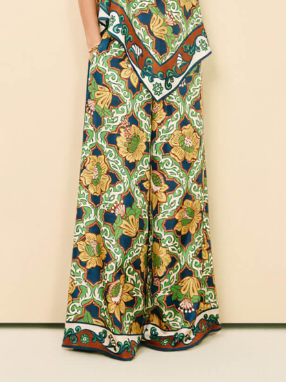 Modern Satin Print Elastic-Waist Pocket Wide-Leg Pants