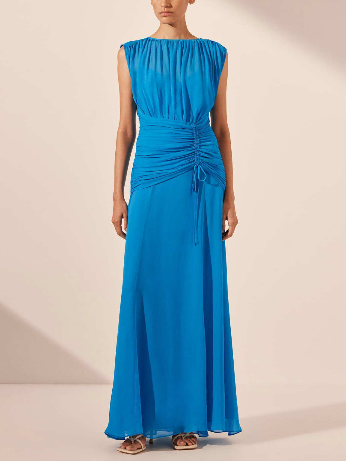 Elegant Pleated Drawstring Crew Neck Maxi Dress