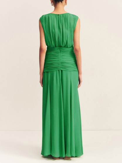 Elegant Pleated Drawstring Crew Neck Maxi Dress