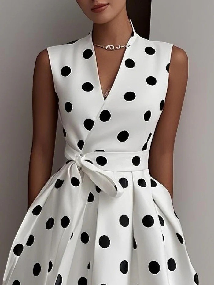 Vintage Polka Dot Sleeveless V-Neck Swing Dress With Tie Waist