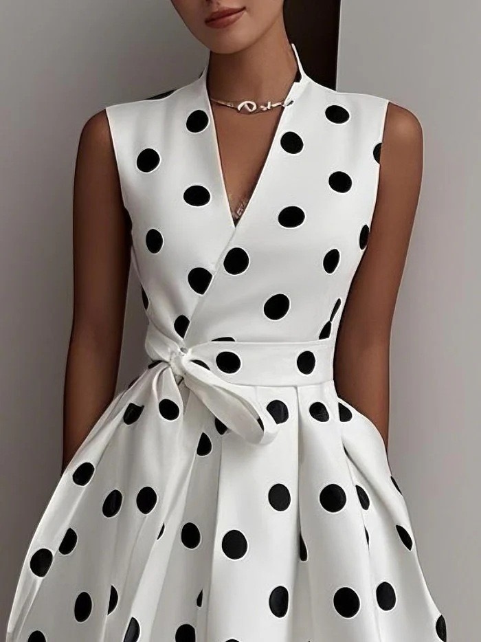 Vintage Polka Dot Sleeveless V-Neck Swing Dress With Tie Waist