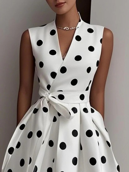 Vintage Polka Dot Sleeveless V-Neck Swing Dress With Tie Waist
