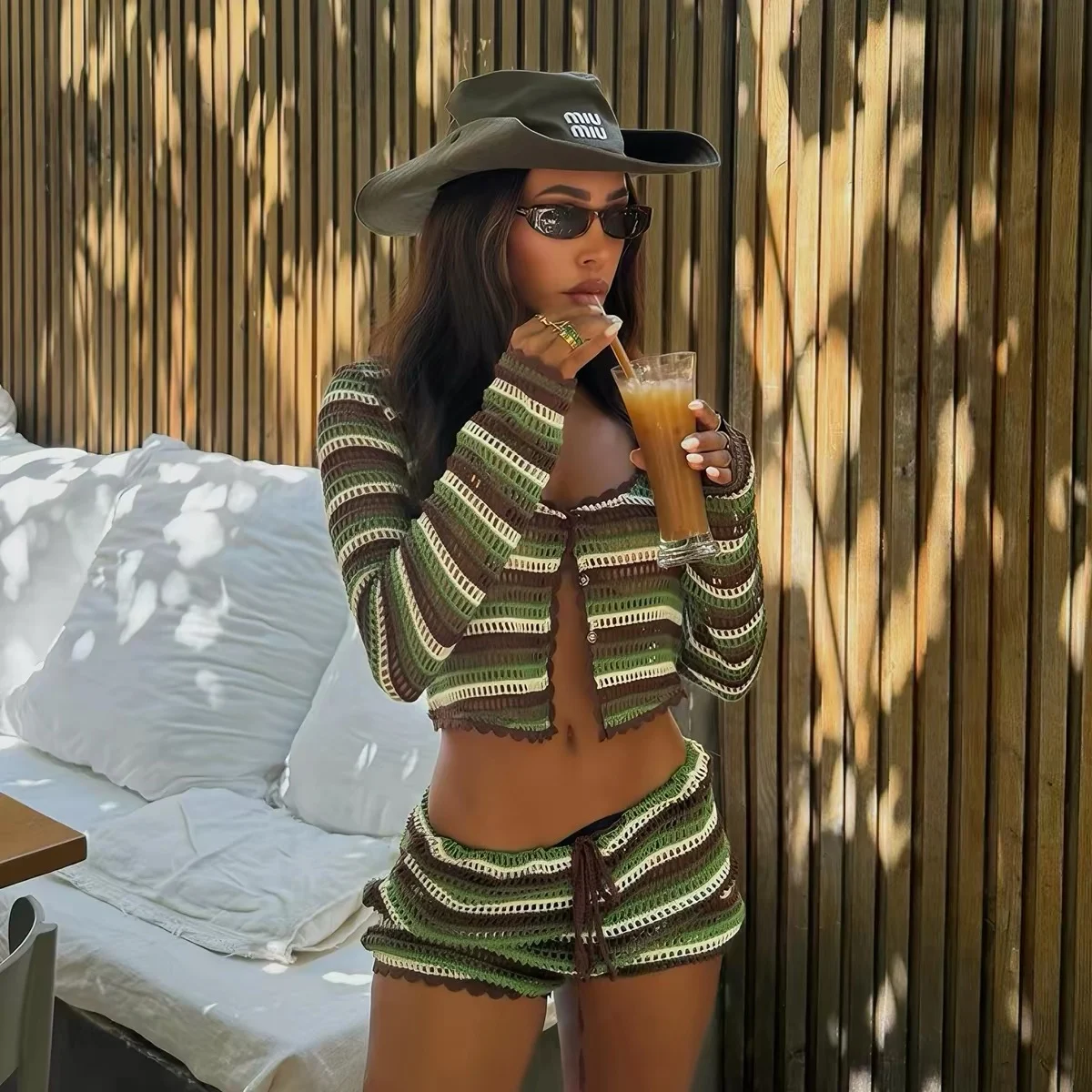 Striped Crochet Knit Long Sleeve Crop Cardigan and Shorts Two Piece Set [erp-image:9d48527c70f9db8ac9673c2f]