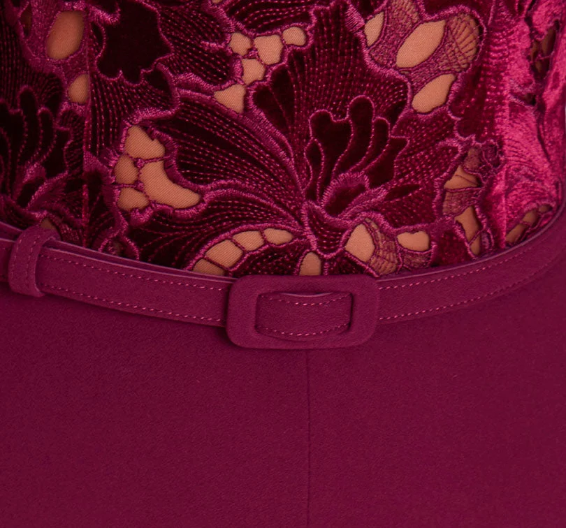 Burgundy Lace Mock Neck Long Sleeve Belted Flared Leg Jumpsuit