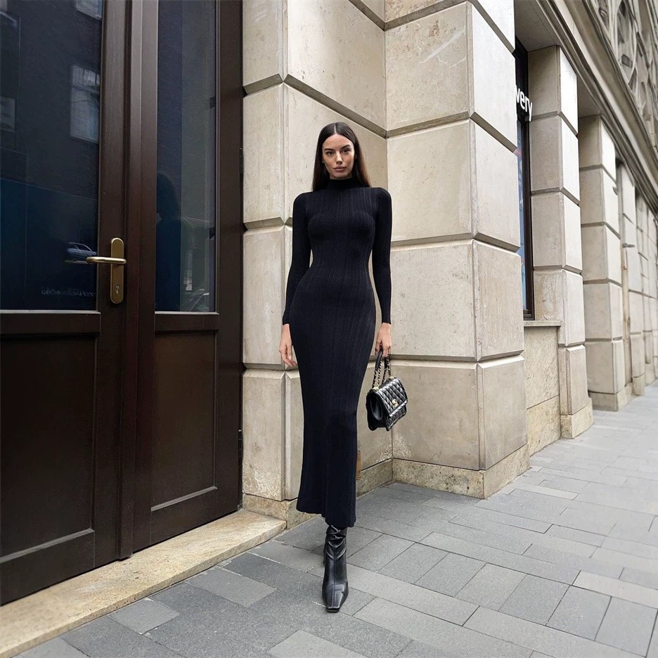 High Neck Ribbed Knit Midi Dress, Long Sleeve Bodycon Slim Fit Maxi Dress For Women Fall Winter