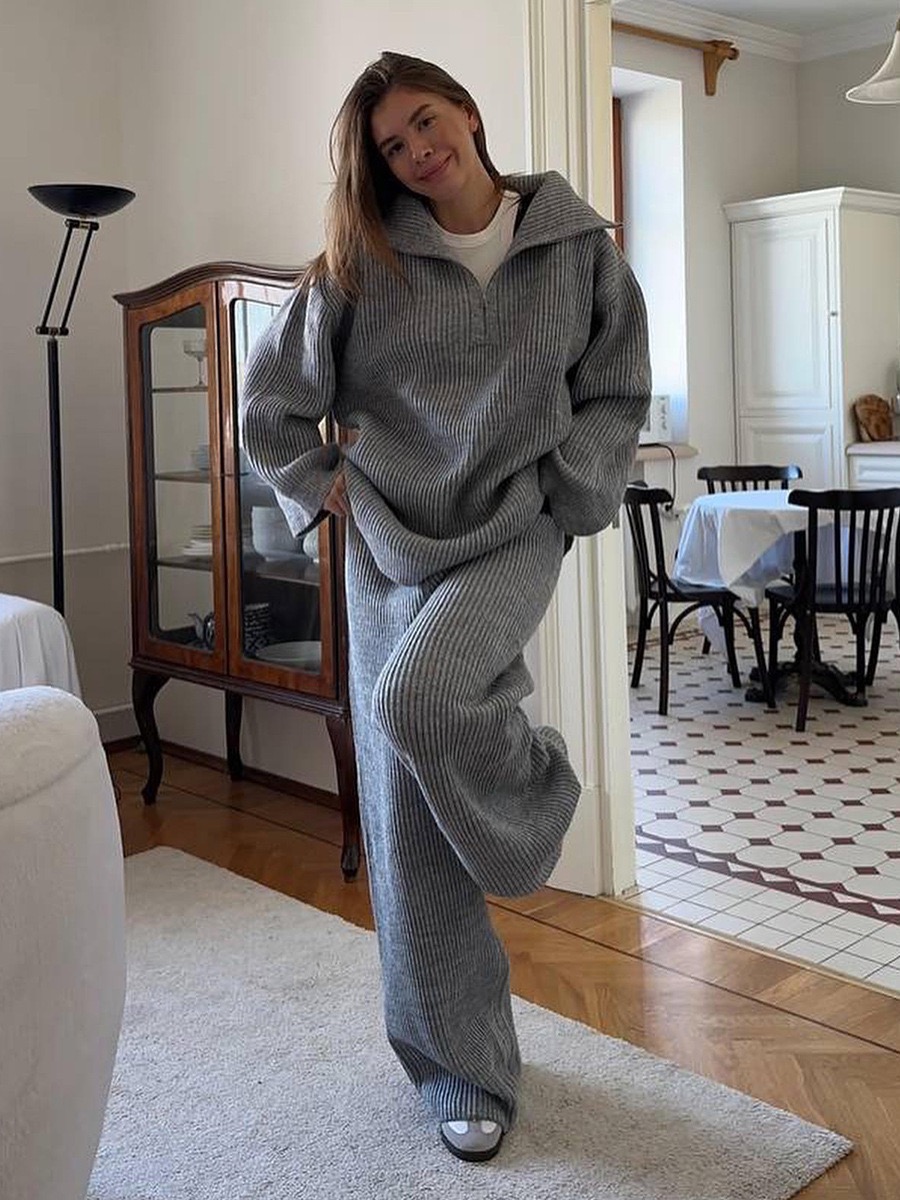 Half Zip Collar Ribbed Knit Sweater & Wide Leg Pants 2-Piece Set