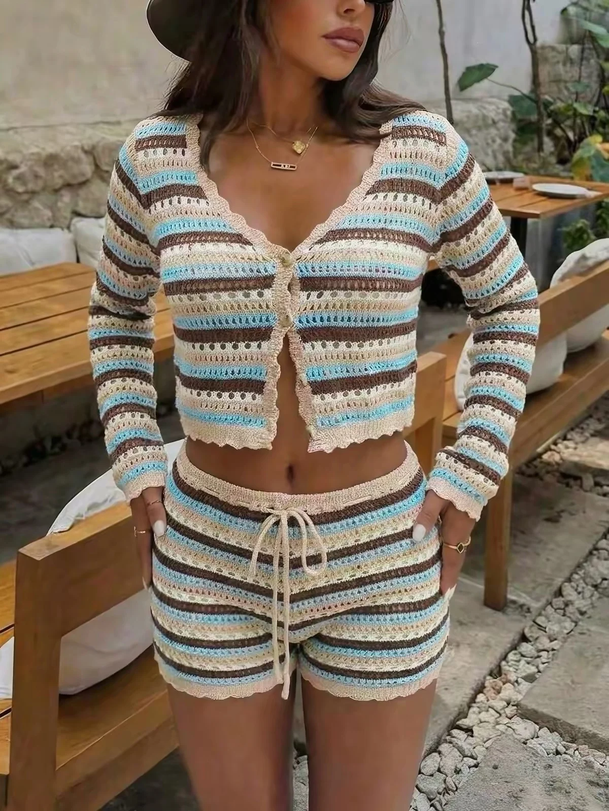 Striped Crochet Knit Long Sleeve Crop Cardigan and Shorts Two Piece Set [erp-image:3d382fb29487f82254ef85ac]