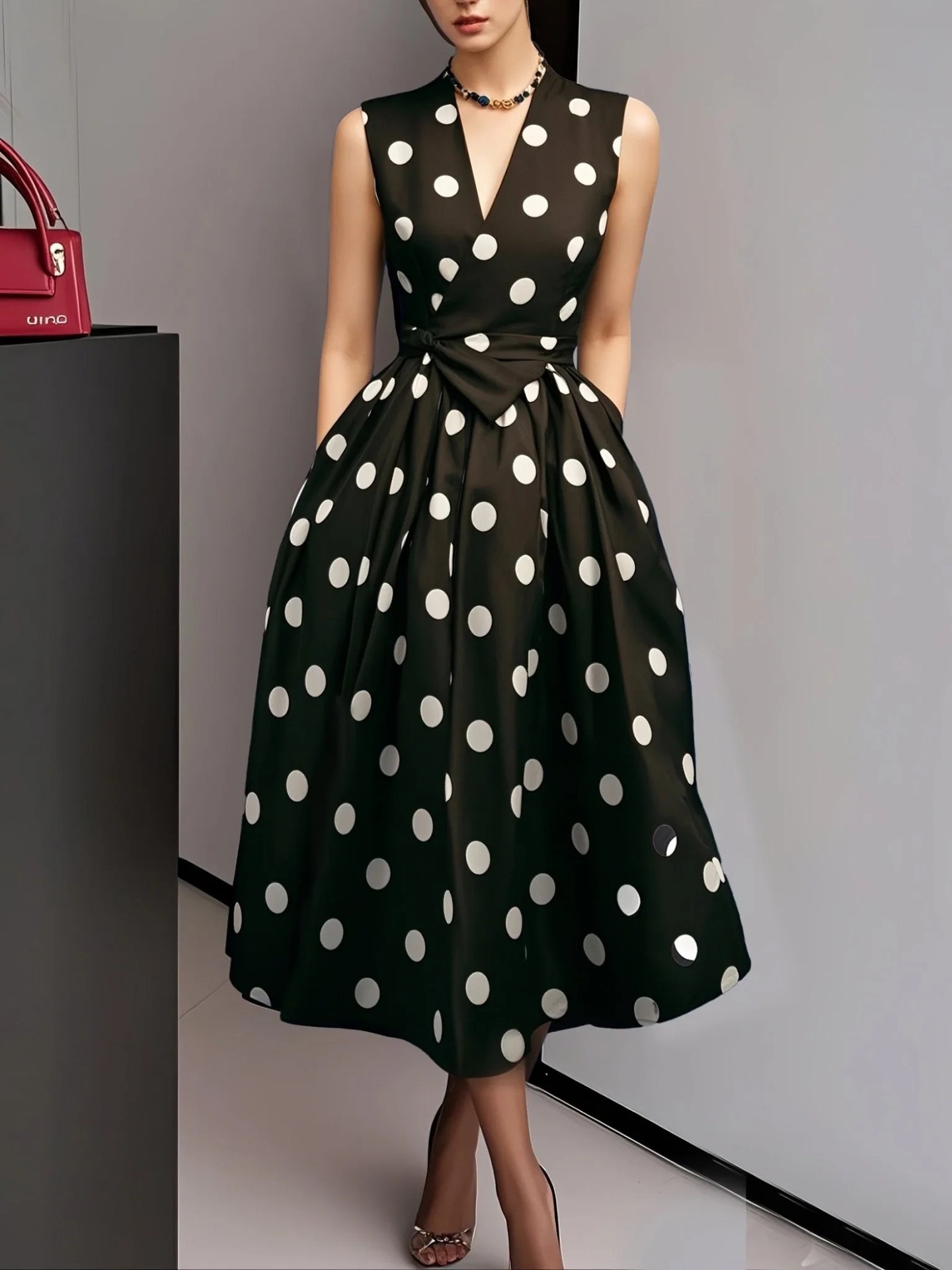 Vintage Polka Dot Sleeveless V-Neck Swing Dress With Tie Waist