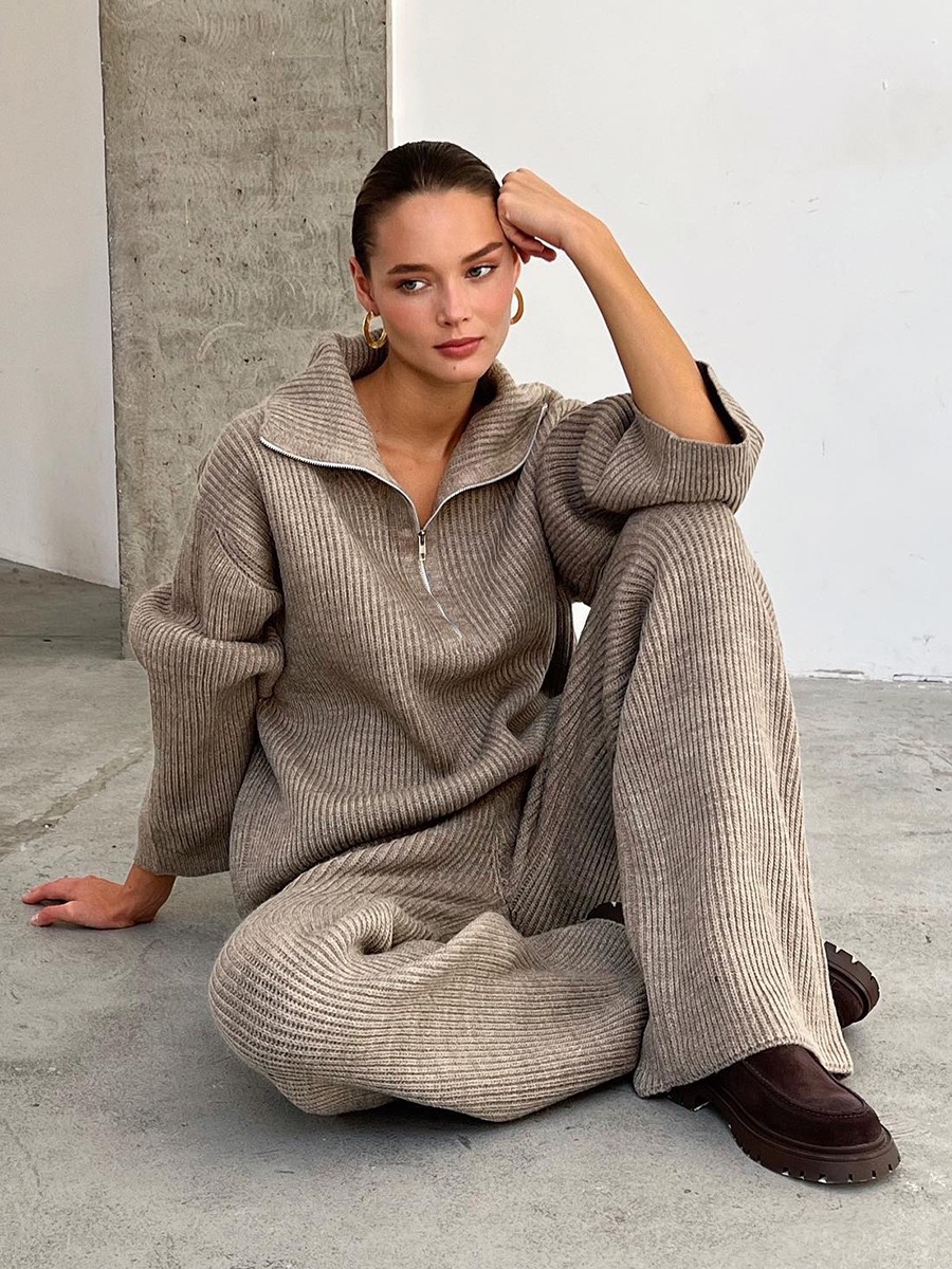 Half Zip Collar Ribbed Knit Sweater & Wide Leg Pants 2-Piece Set