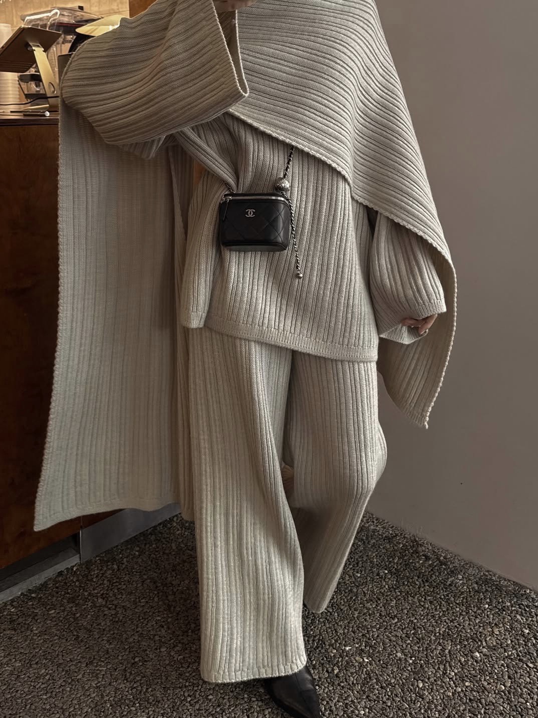 Ribbed Knit 3 Piece Set, Oversized Sweater   Wide Leg Pants   Wrap Shawl Scarf, Women Fall Winter Matching Outfit