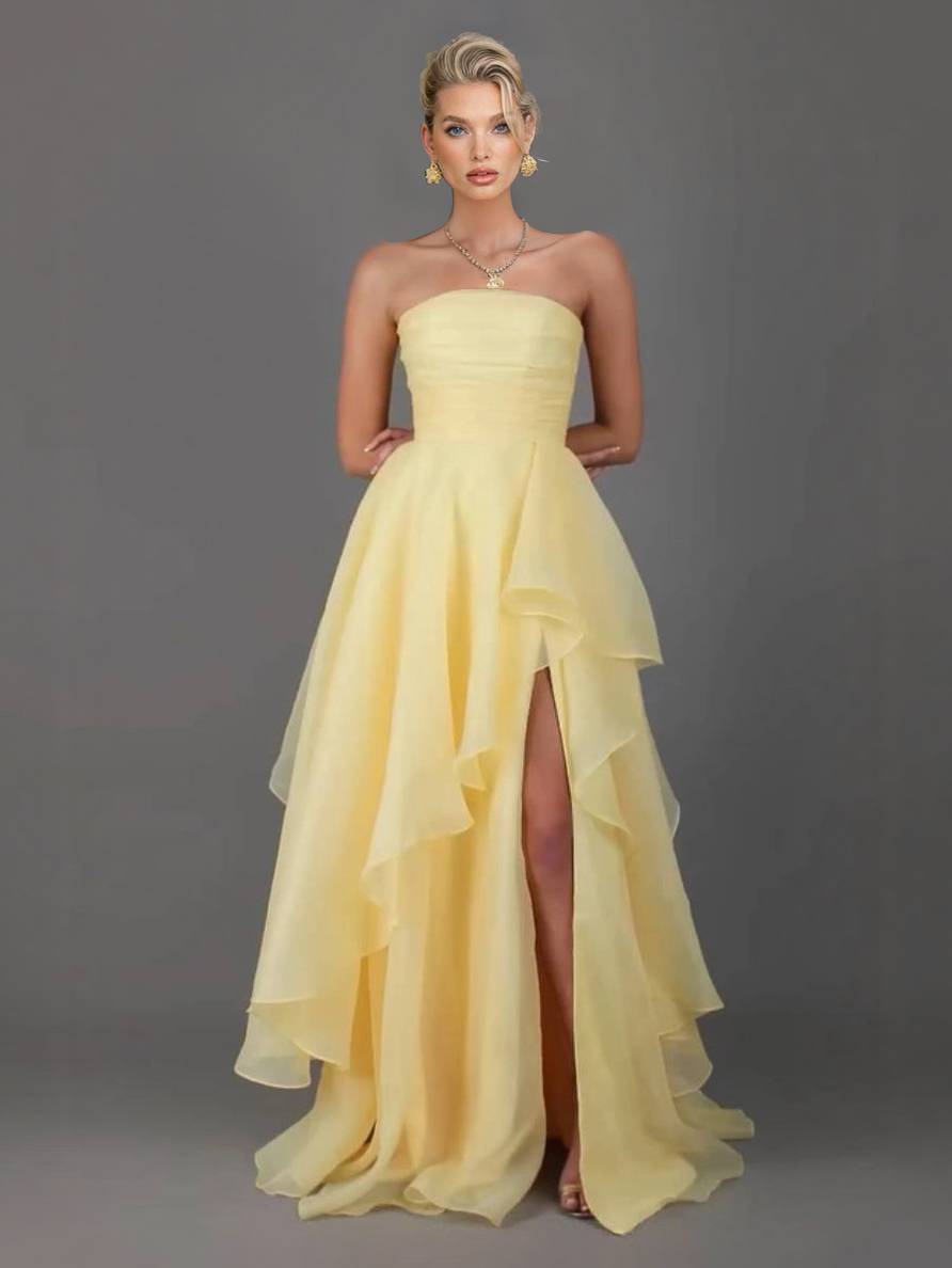 Tube Top Front Slit Multi-layer Maxi Dress