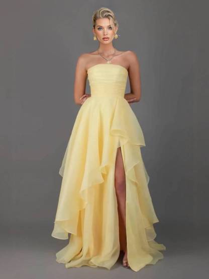 Tube Top Front Slit Multi-layer Maxi Dress