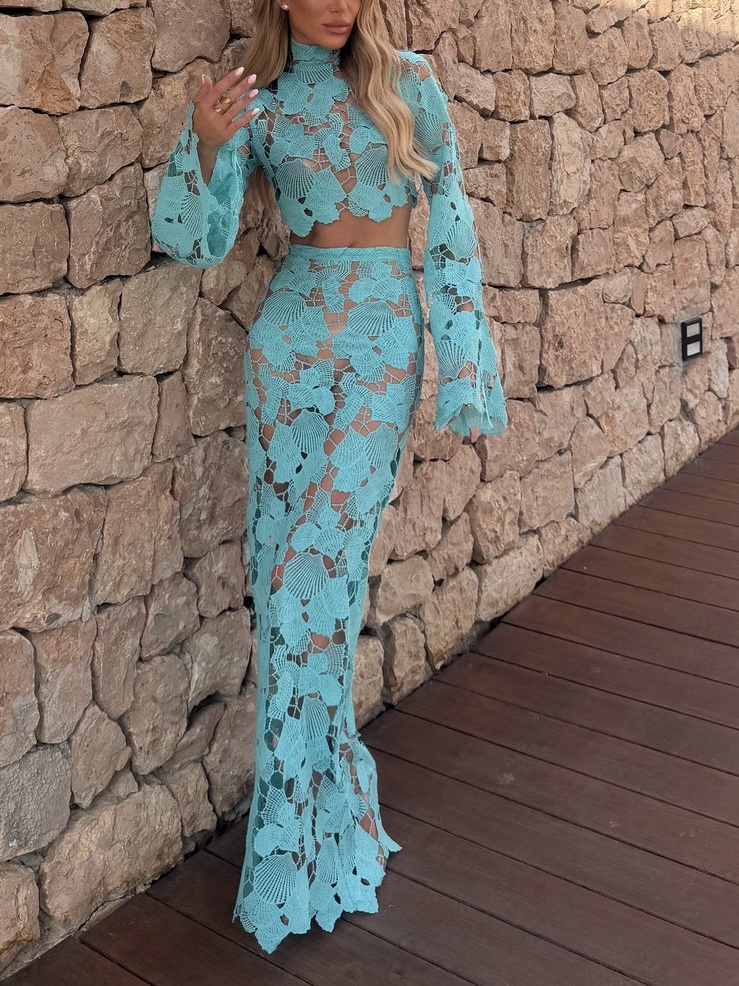 Sexy Turquoise Lace Cut-Out Two-Piece Maxi Set With Bell Sleeves