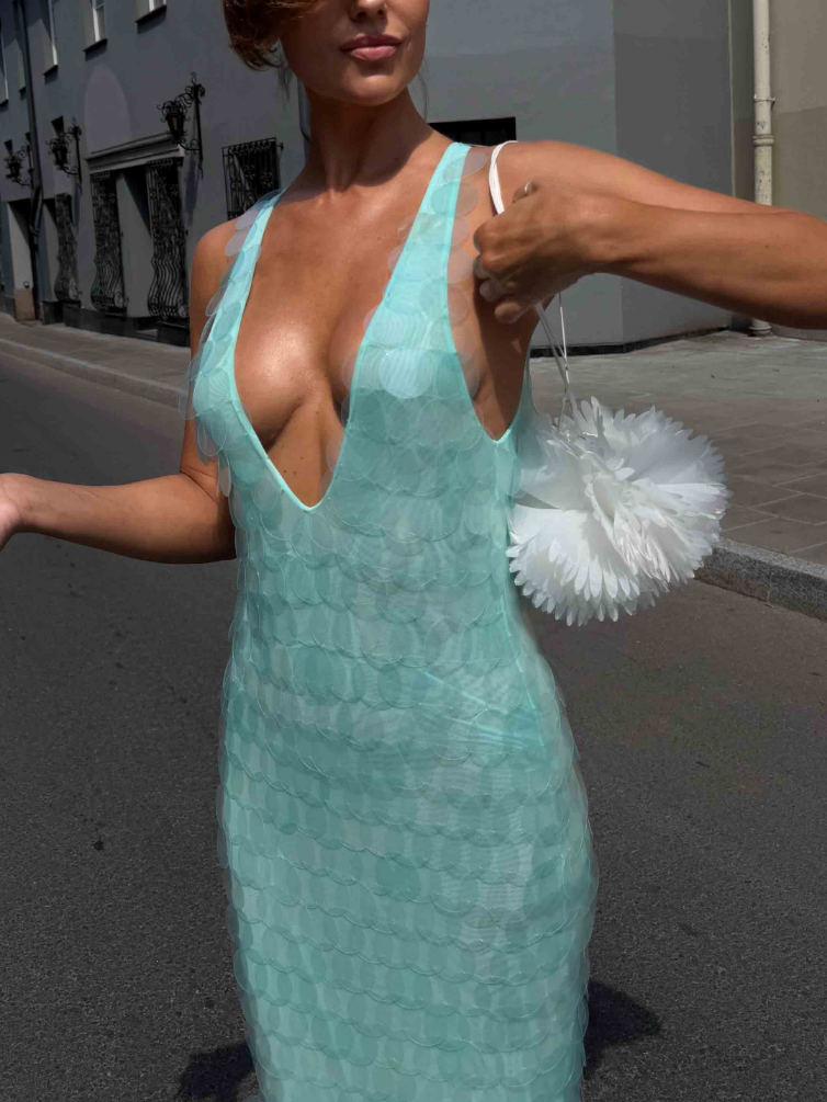 Mint Green Sequin Fishtail Spaghetti Strap Gown