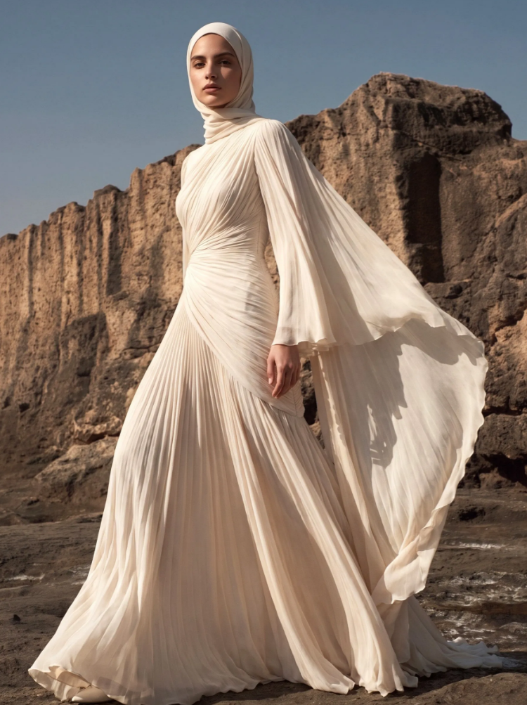 Elegant Pleated High-Neck Cape Sleeve Chiffon Maxi Dress