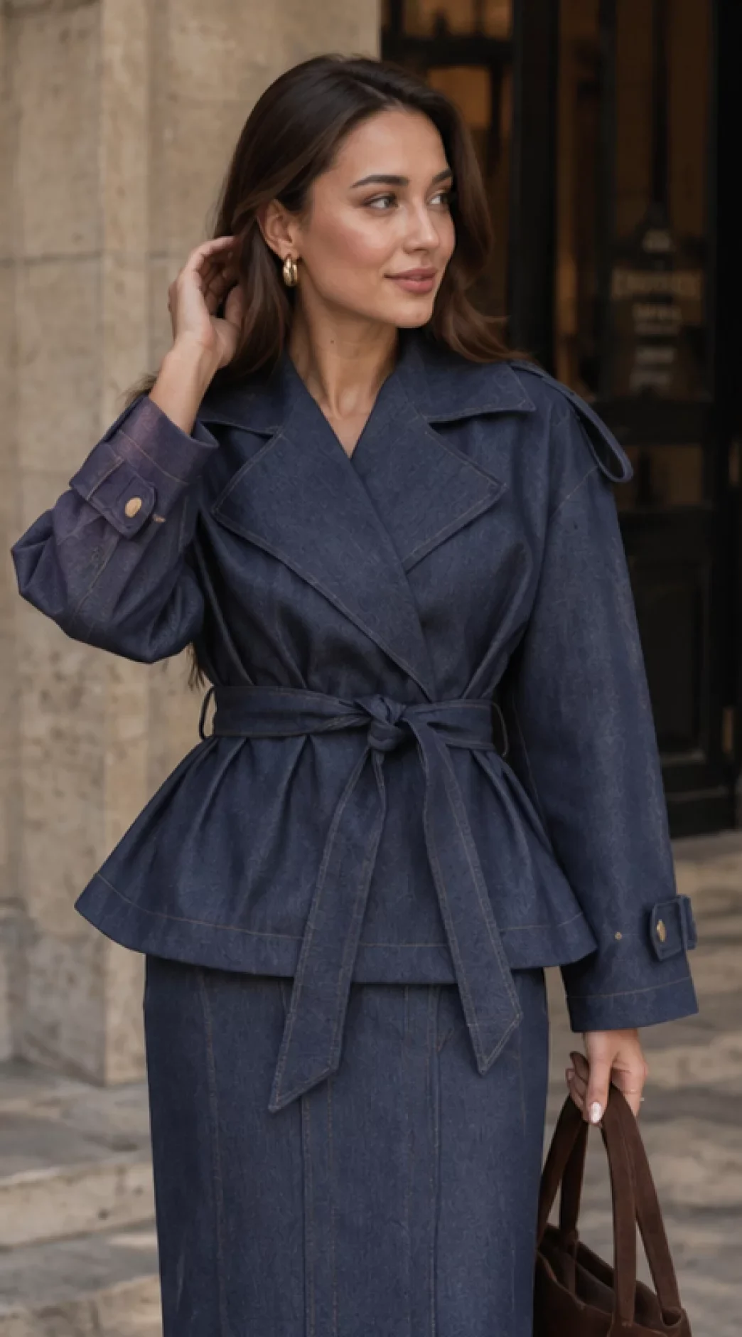 Women's Dark Blue Denim Belted Jacket and Maxi Skirt Two Piece Set