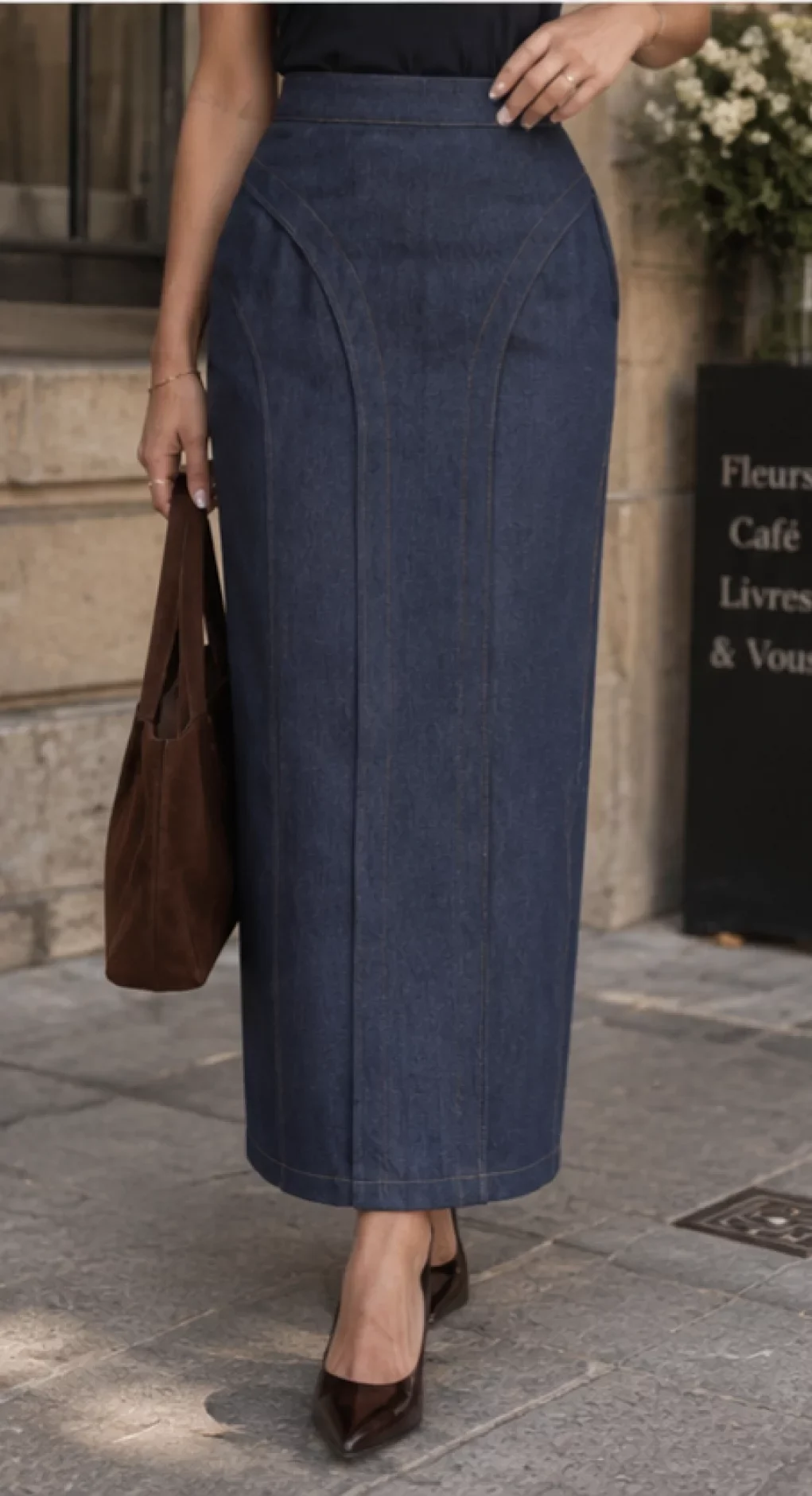 Women's Dark Blue Denim Belted Jacket and Maxi Skirt Two Piece Set