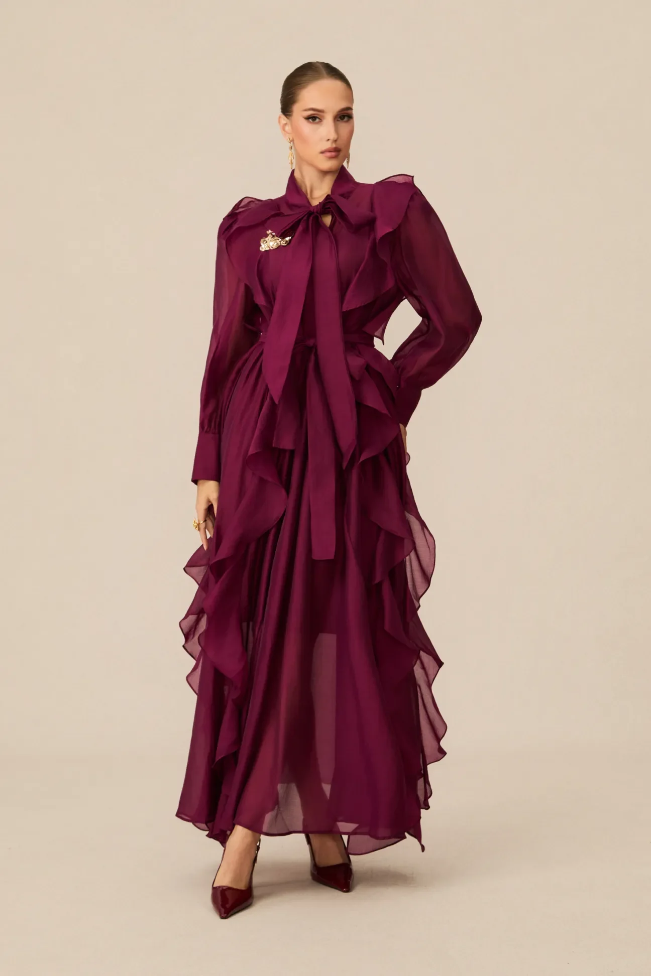Burgundy Ruffled Tie-Neck Long Sleeve Chiffon Maxi Dress