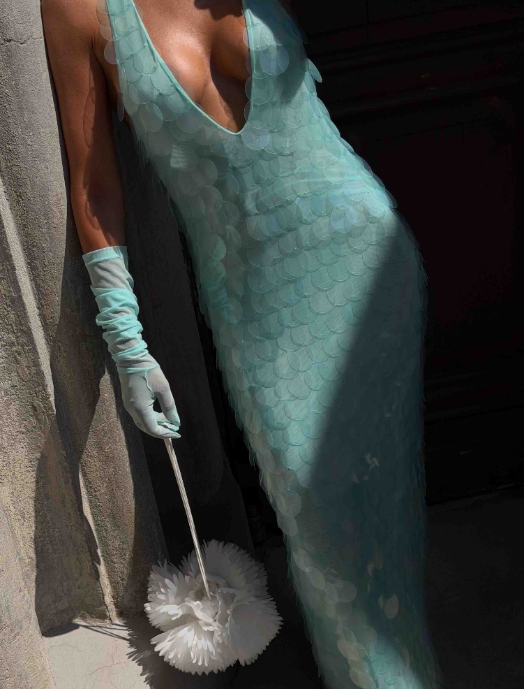 Mint Green Sequin Fishtail Spaghetti Strap Gown