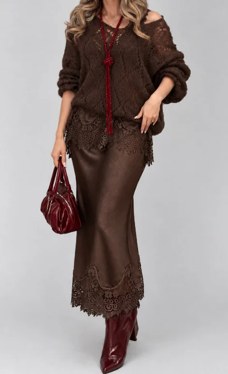 Open Knit Sweater and Lace Trim Satin Midi Skirt Set [erp-image:c97a32fa75a505134a3565d9]