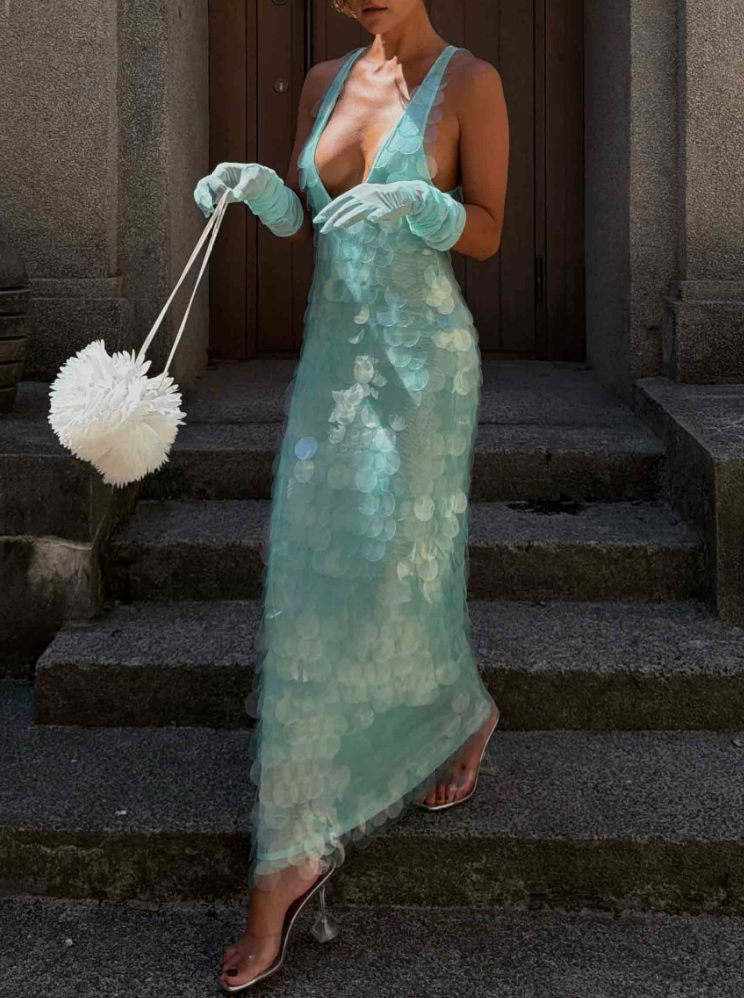 Mint Green Sequin Fishtail Spaghetti Strap Gown