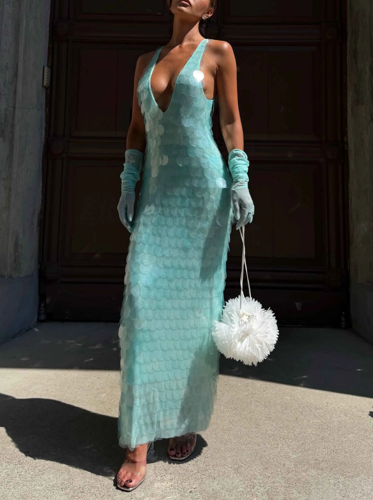 Mint Green Sequin Fishtail Spaghetti Strap Gown