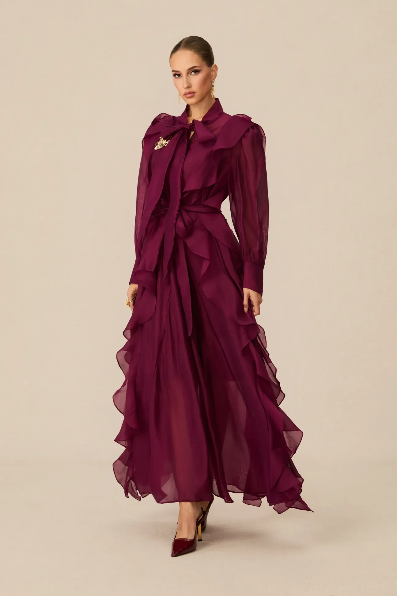 Burgundy Ruffled Tie-Neck Long Sleeve Chiffon Maxi Dress