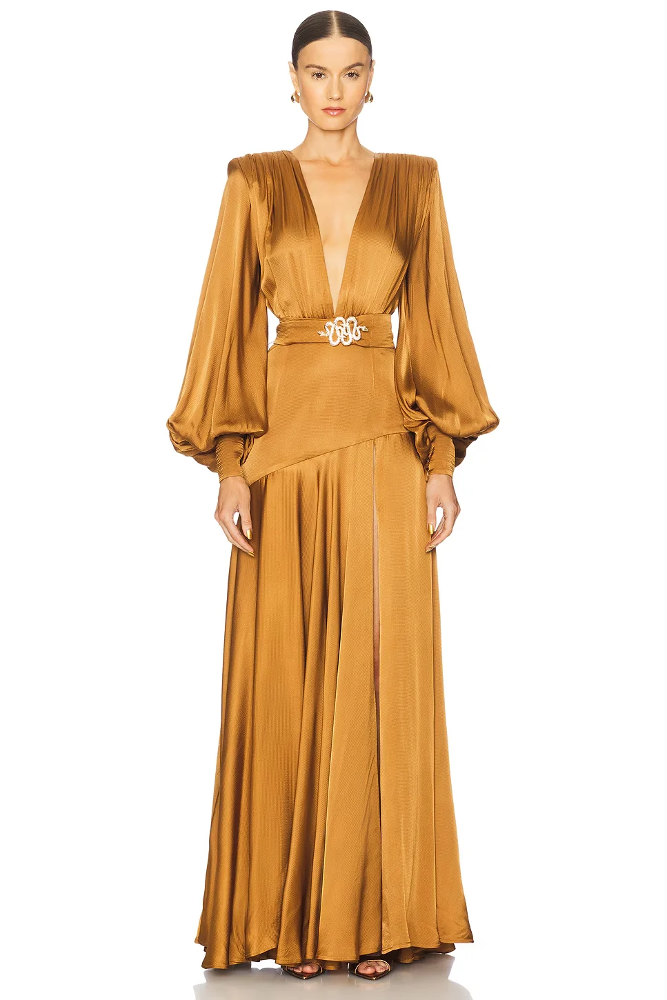 Gold Satin Deep V-Neck Lantern Sleeve High Slit Maxi Evening Dress with Belt