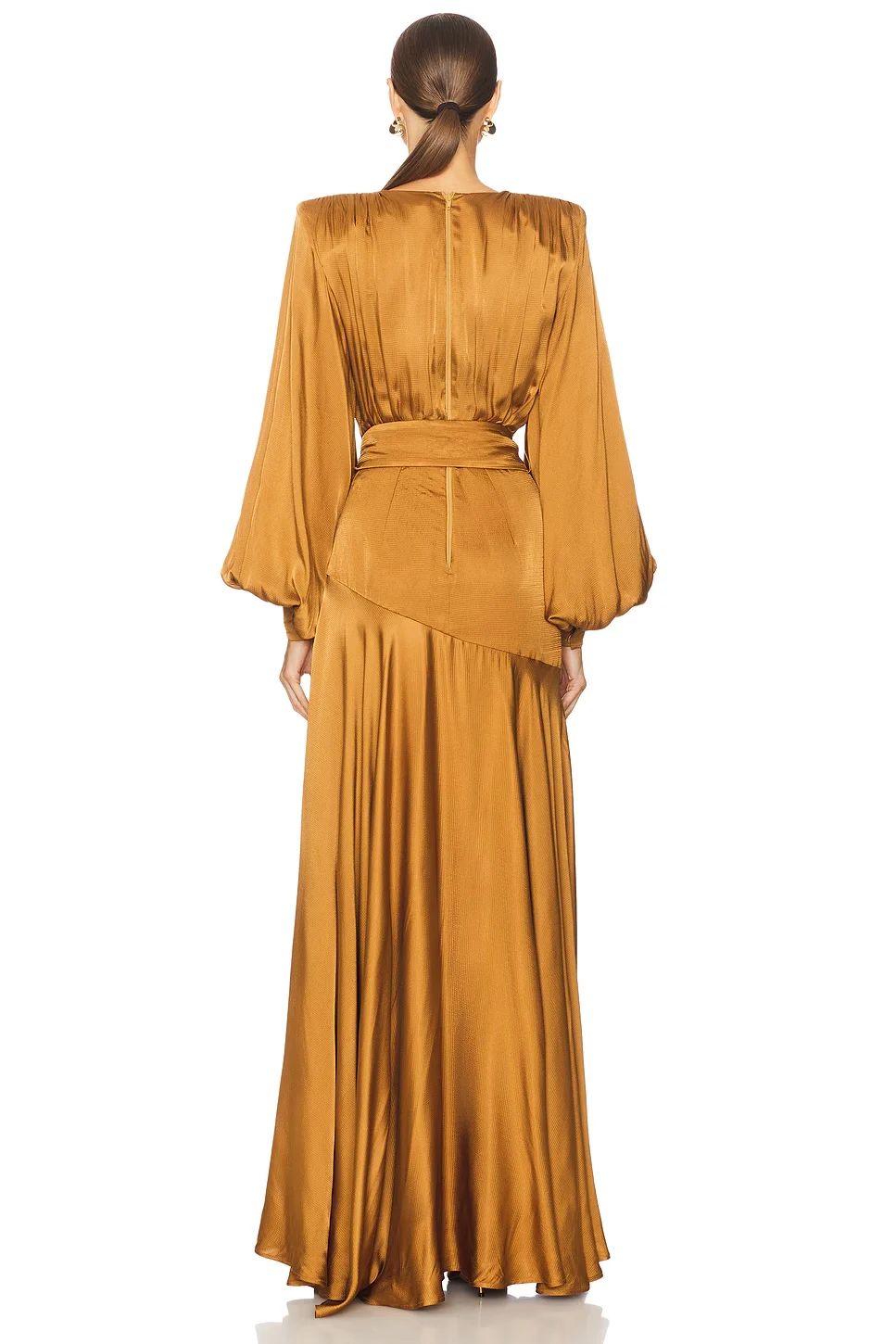 Gold Satin Deep V-Neck Lantern Sleeve High Slit Maxi Evening Dress with Belt