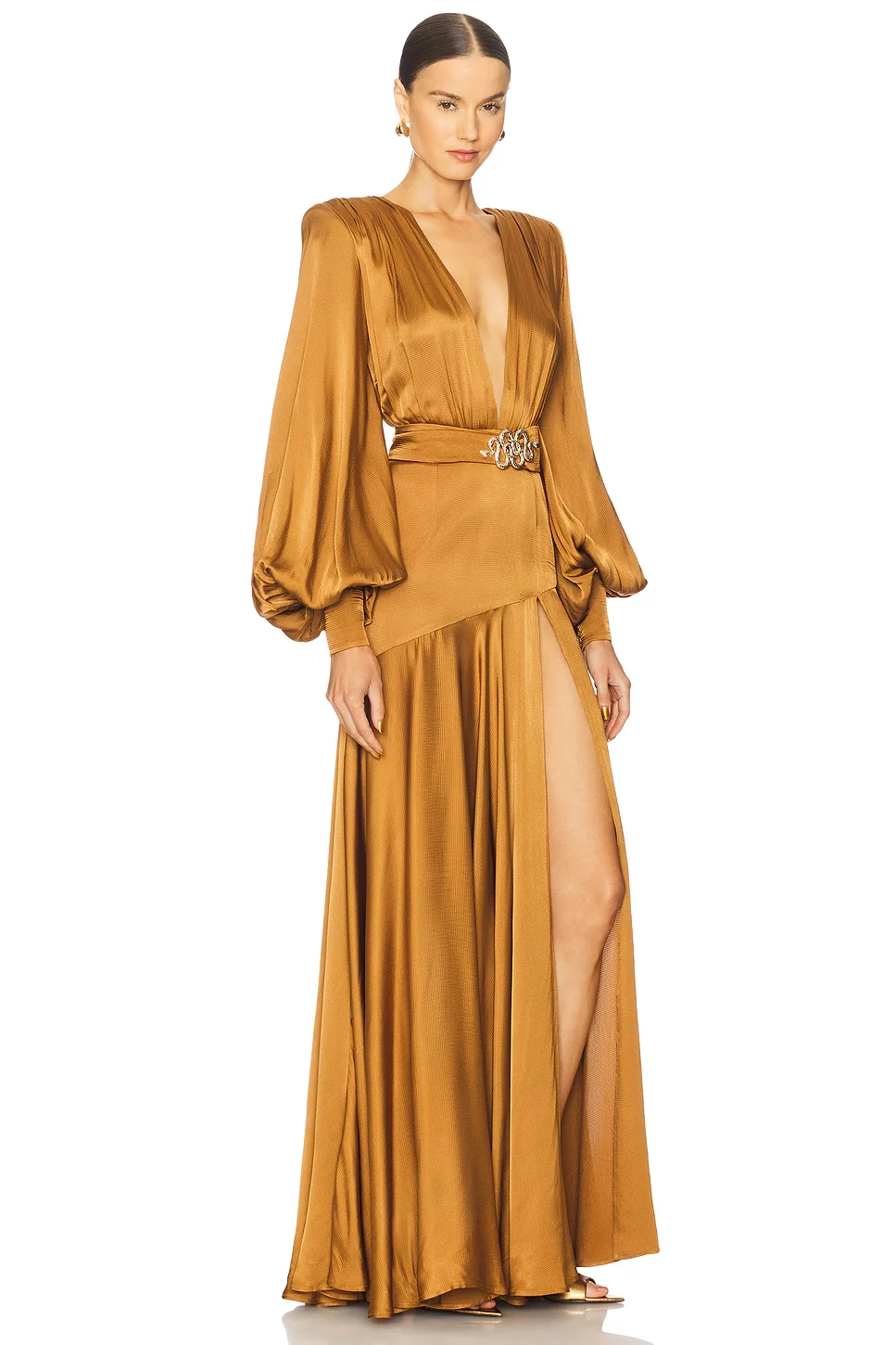 Gold Satin Deep V-Neck Lantern Sleeve High Slit Maxi Evening Dress with Belt